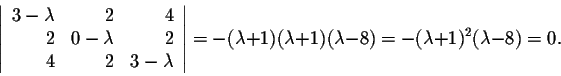 \begin{displaymath}\left\vert\begin{array}{rrr}
3 - \lambda &2&4\\
2&0 - \lambd...
... 1)(\lambda + 1)(\lambda -8) = -(\lambda + 1)^2(\lambda -8) =0.\end{displaymath}