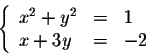 \begin{displaymath}\left\{ \begin{array}{lll}
x^2 +y^2 &=& 1\\
x+3y &=& -2\\
\end{array} \right.\end{displaymath}