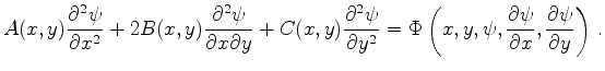 $\displaystyle A(x,y)\frac{\partial^2\psi}{\partial x^2} +2B(x,y)\frac{\partial^...
...psi ,\frac{\partial\psi}{\partial x},\frac{\partial\psi}{\partial
y}\right)\,.
$