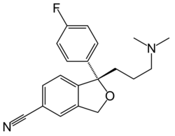 Structural formula of the SSRI escitalopram, in its free base form.